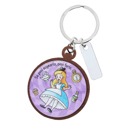 Portachiavi in legno immagine Alice nel paese delle meraviglie. Altezza 9,5 cm
