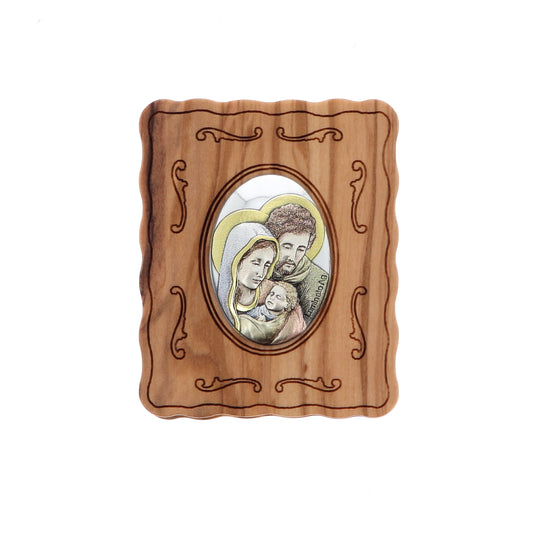 Cofanetto in legno d'ulivo Sacra Famiglia con rosario abbinato. Dimensioni 4,7x5,7 cm