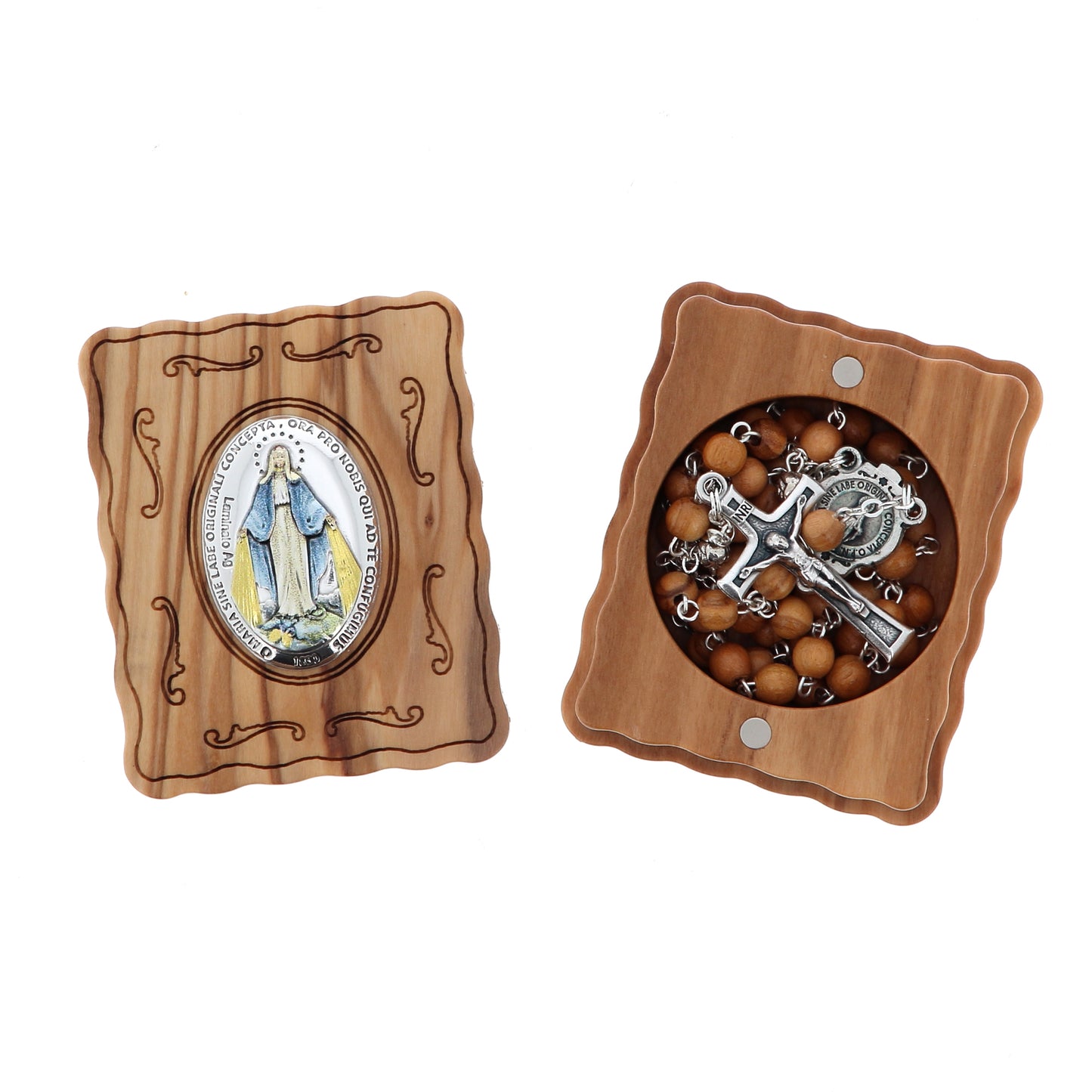 Cofanetto in legno d'ulivo medaglia Miracolosa con rosario abbinato. Dimensioni 4,7x5,7 cm