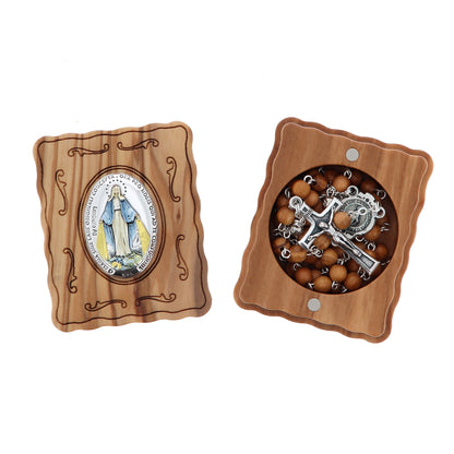 Cofanetto in legno d'ulivo medaglia Miracolosa con rosario abbinato. Dimensioni 4,7x5,7 cm