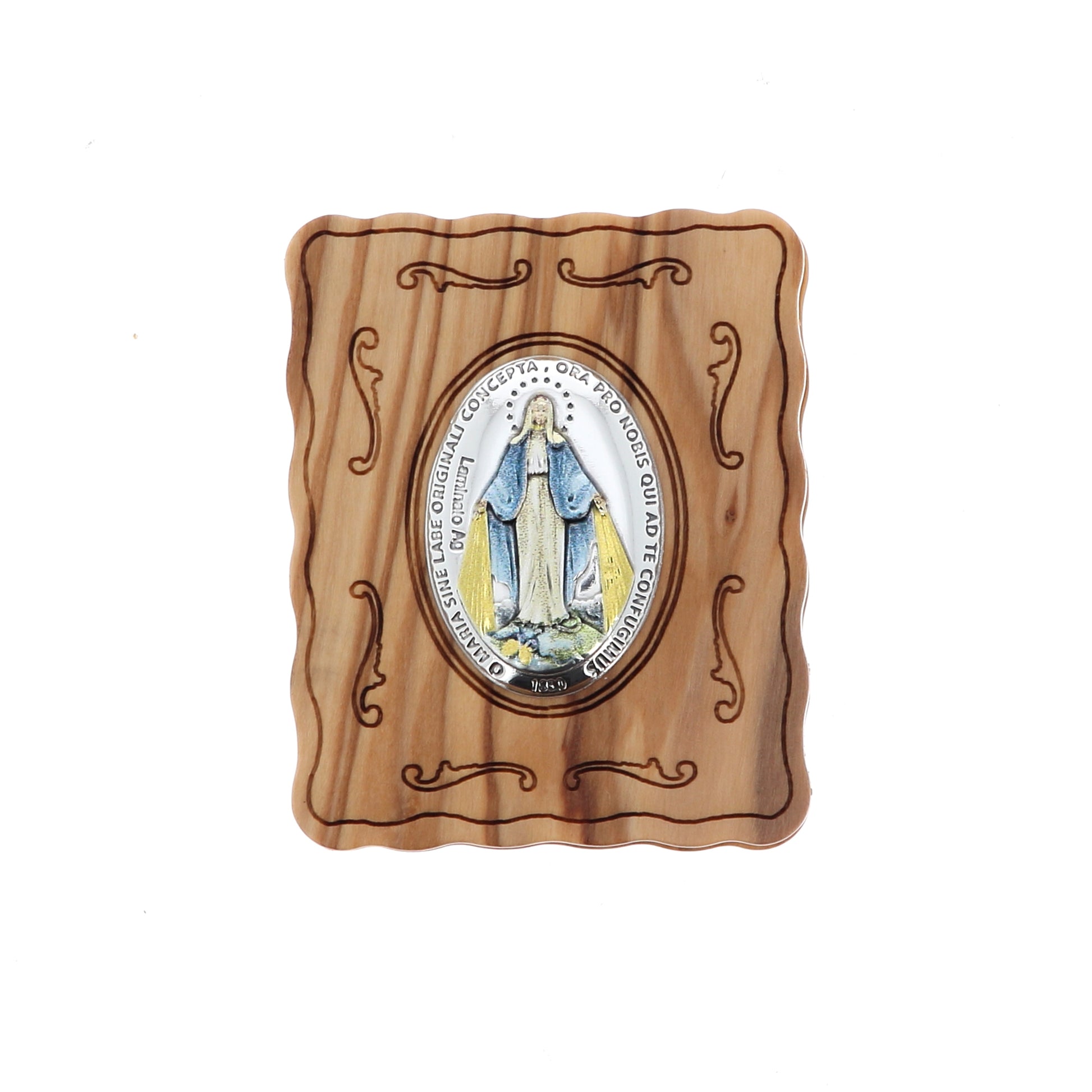 Cofanetto in legno d'ulivo medaglia Miracolosa con rosario abbinato. Dimensioni 4,7x5,7 cm