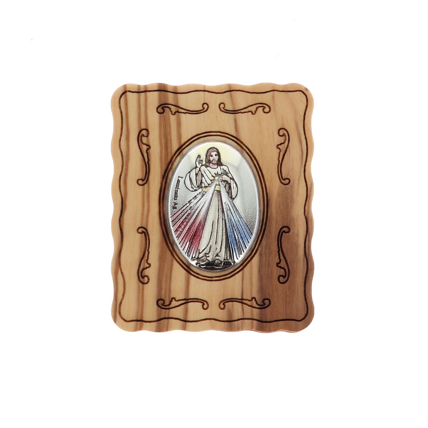 Cofanetto in legno d'ulivo Divina Misericordia con rosario abbinato. Dimensioni 4,7x5,7 cm