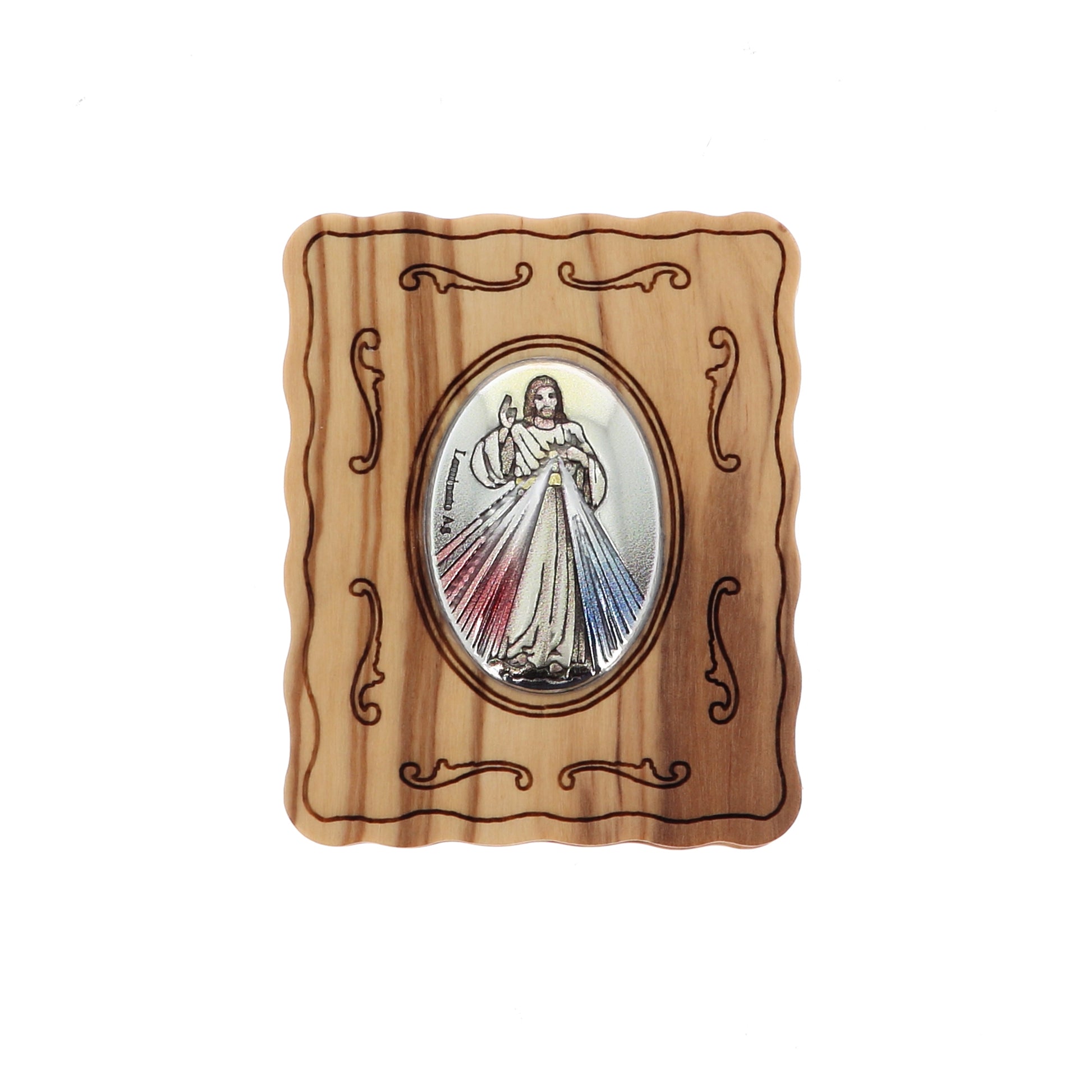 Cofanetto in legno d'ulivo Divina Misericordia con rosario abbinato. Dimensioni 4,7x5,7 cm