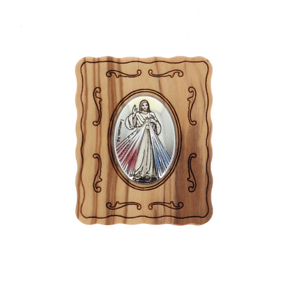 Cofanetto in legno d'ulivo Divina Misericordia con rosario abbinato. Dimensioni 4,7x5,7 cm