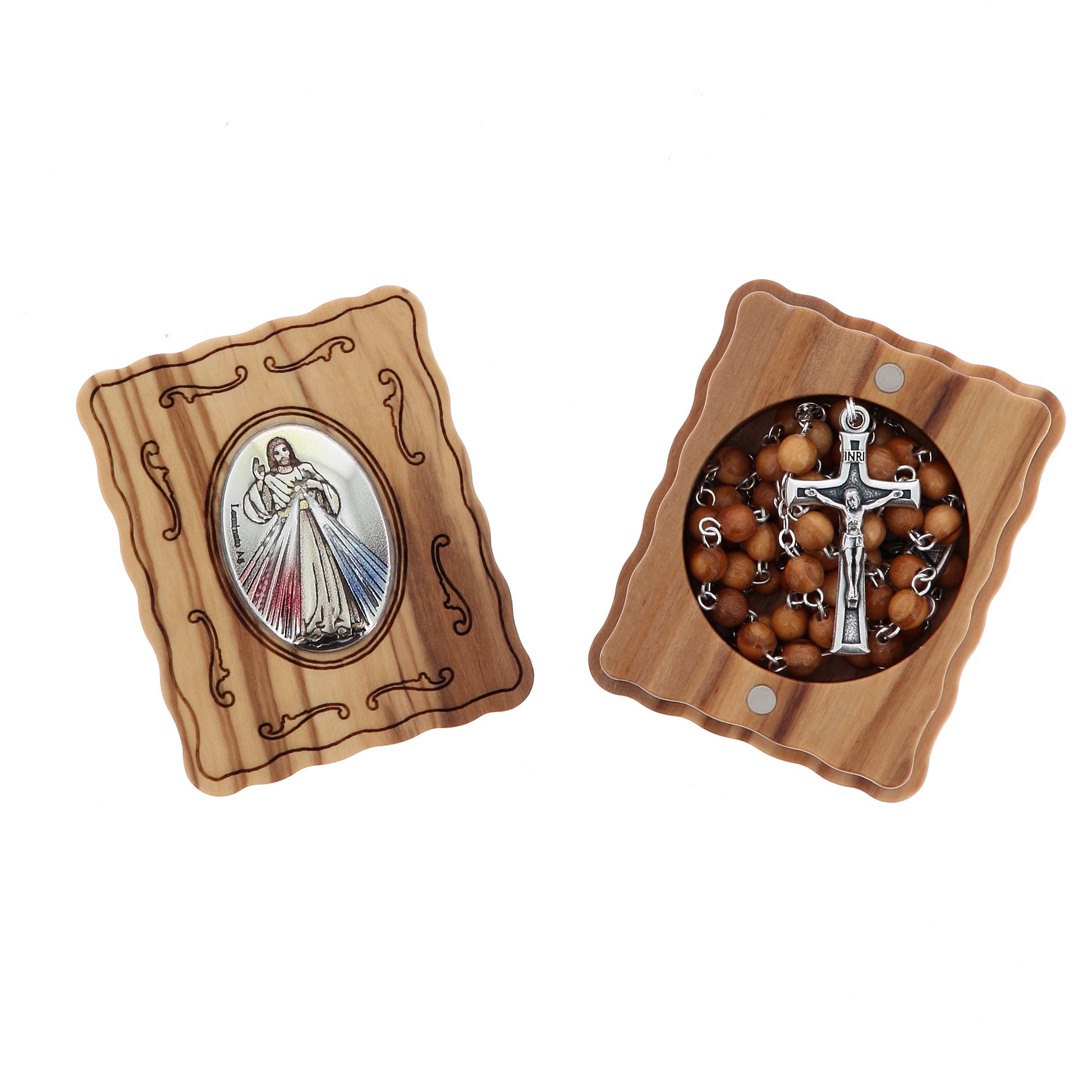 Cofanetto in legno d'ulivo Divina Misericordia con rosario abbinato. Dimensioni 4,7x5,7 cm