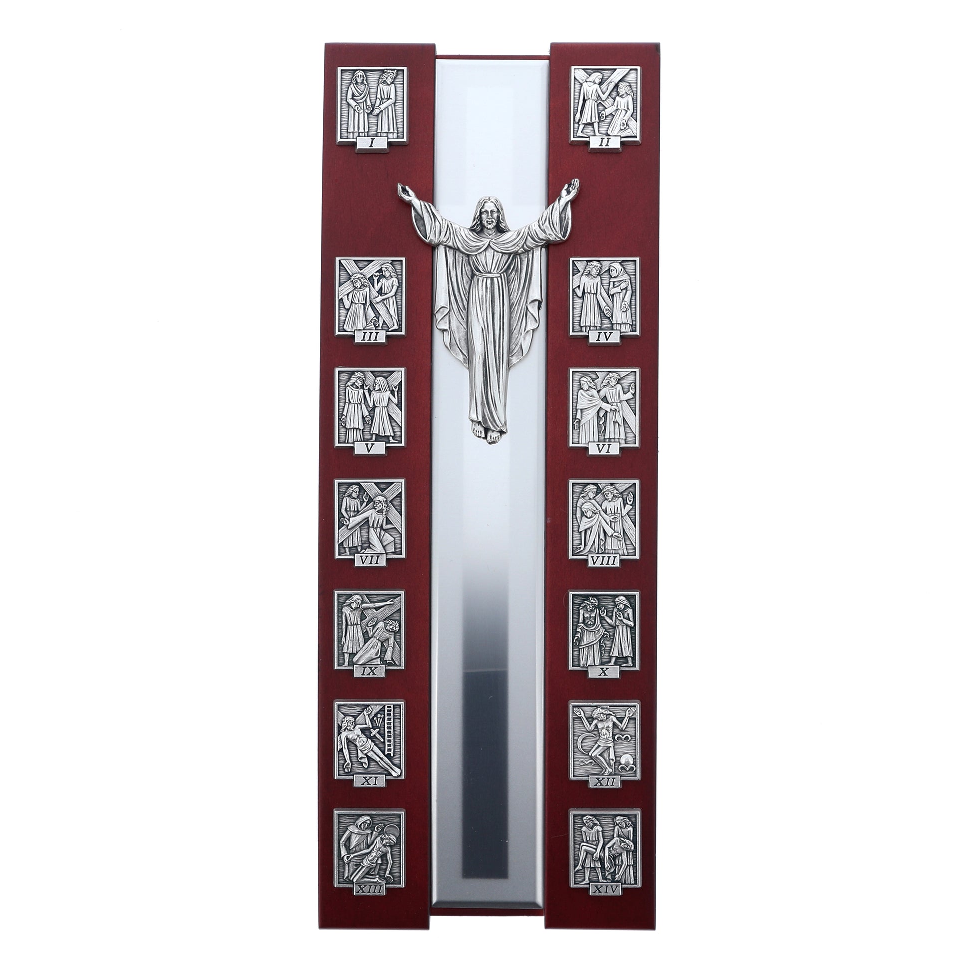 Via Crucis da appoggio in legno verniciato mogano. Altezza 30 cm