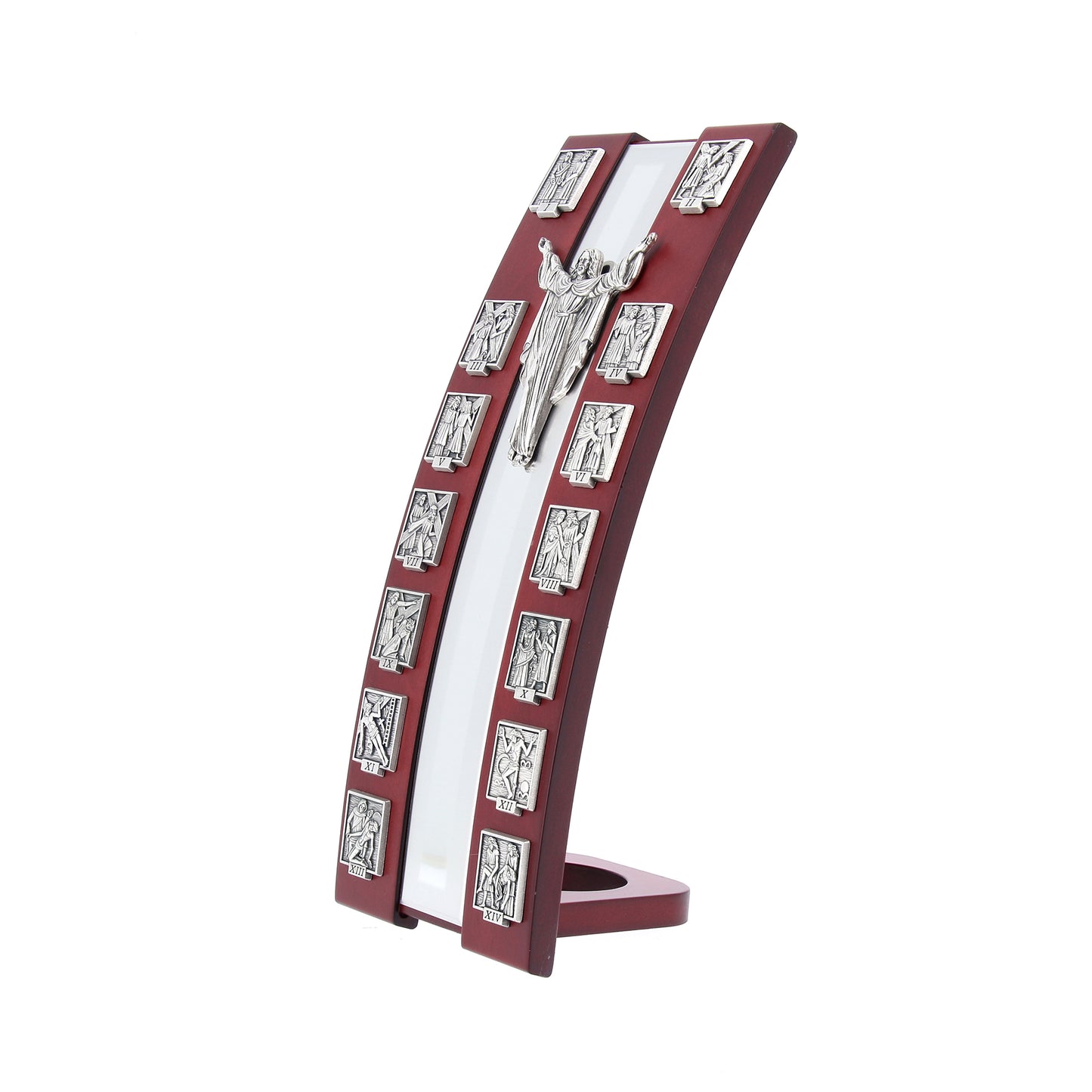 Via Crucis da appoggio in legno verniciato mogano. Altezza 30 cm