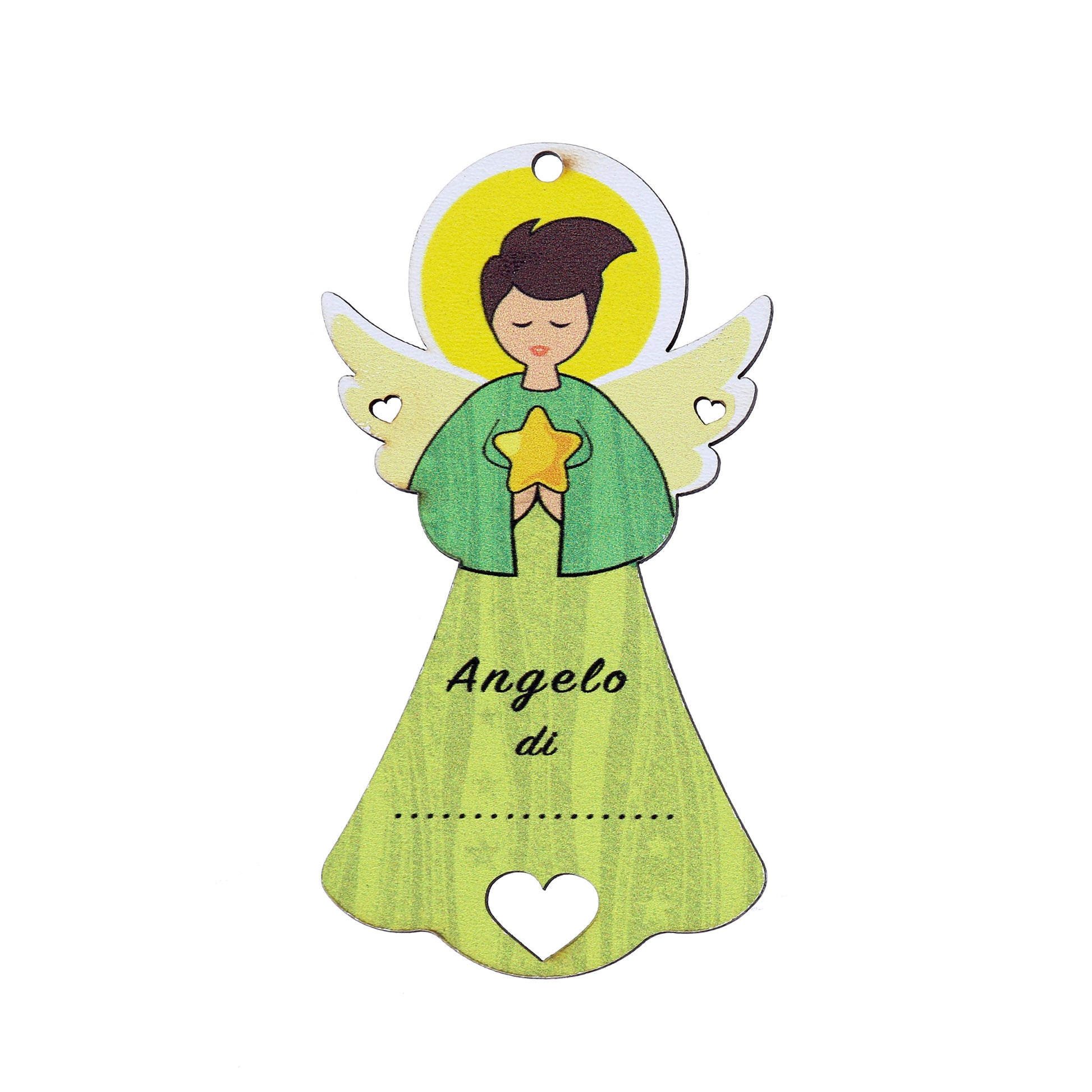 Angelo personalizzabile verde con magnete e cordoncino 9x5 cm