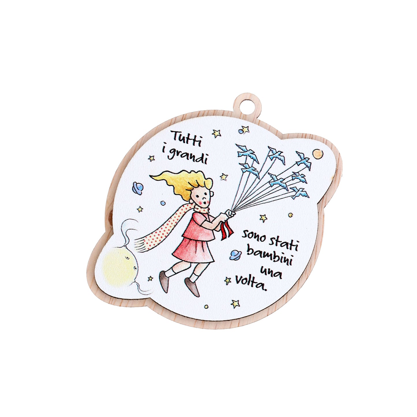Immagine Piccolo Principe in legno a forma di mondo, con magnete e cordoncino. Altezza 8 cm