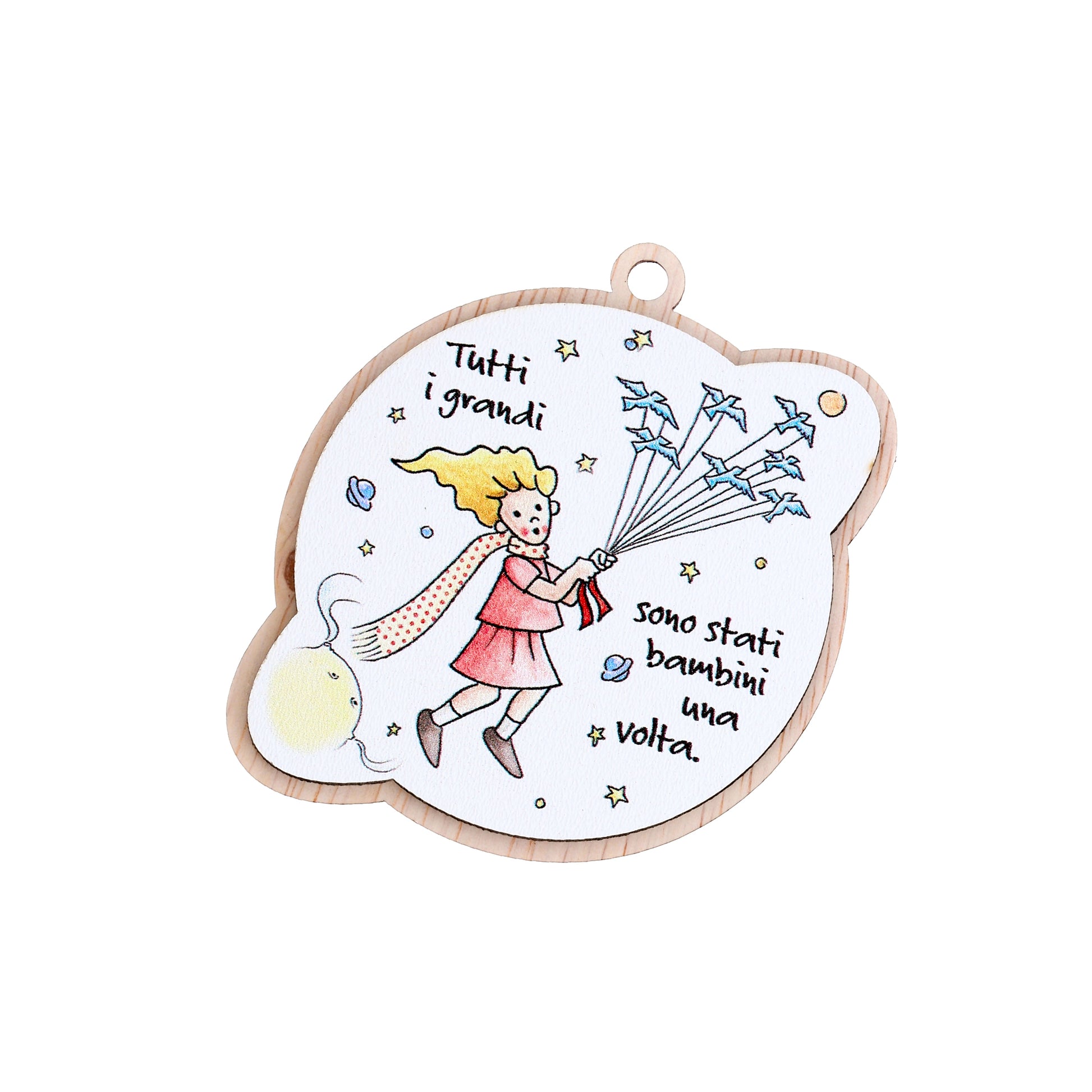 Immagine Piccolo Principe in legno a forma di mondo, con magnete e cordoncino. Altezza 8 cm