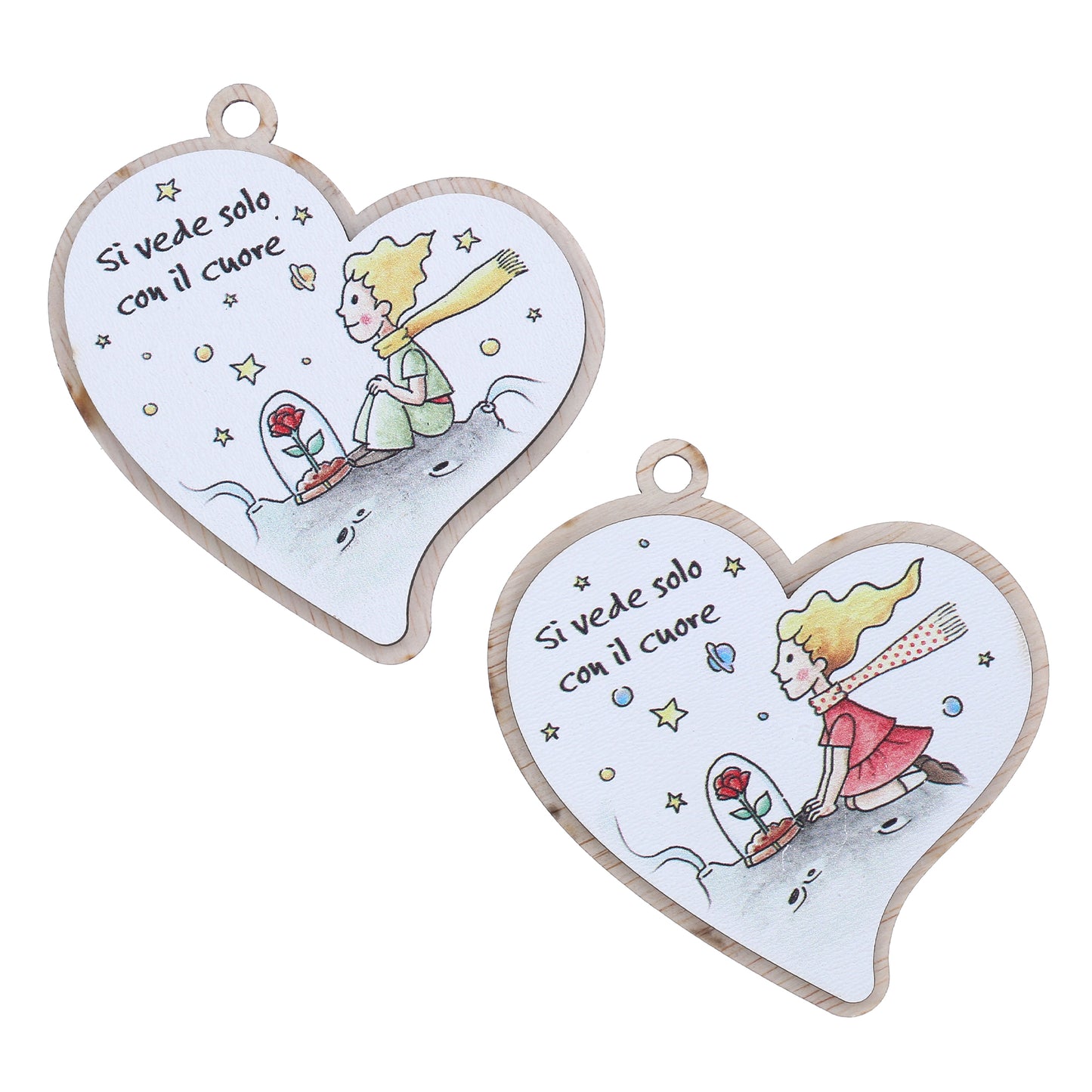 Immagine Piccolo Principe in legno a forma di cuore, con magnete e cordoncino. Altezza 8,5 cm