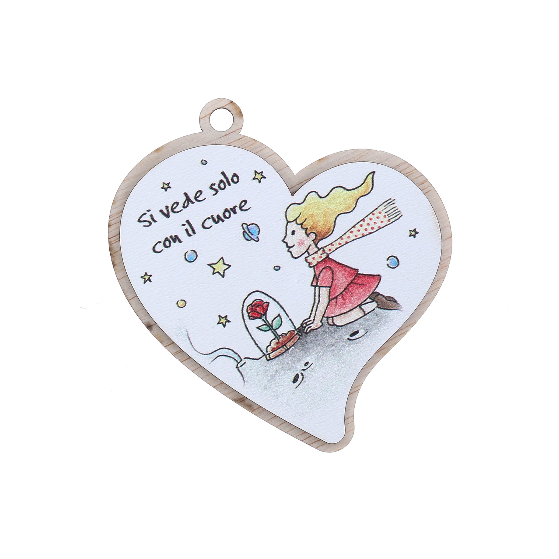 Immagine Piccolo Principe in legno a forma di cuore, con magnete e cordoncino. Altezza 8,5 cm