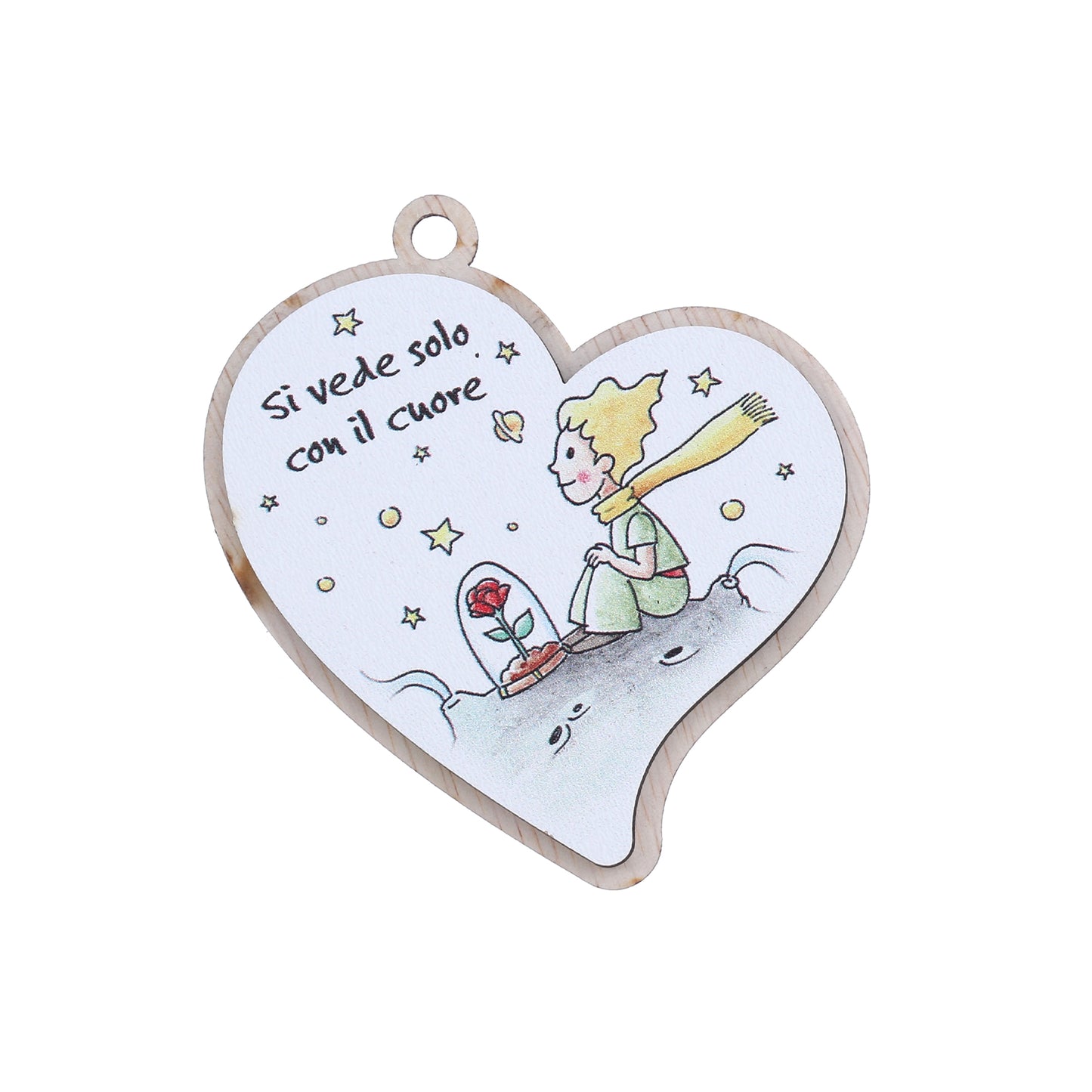 Immagine Piccolo Principe in legno a forma di cuore, con magnete e cordoncino. Altezza 8,5 cm