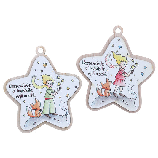 Immagine Piccolo Principe in legno a forma di stella,con magnete e cordoncino. Altezza 9 cm
