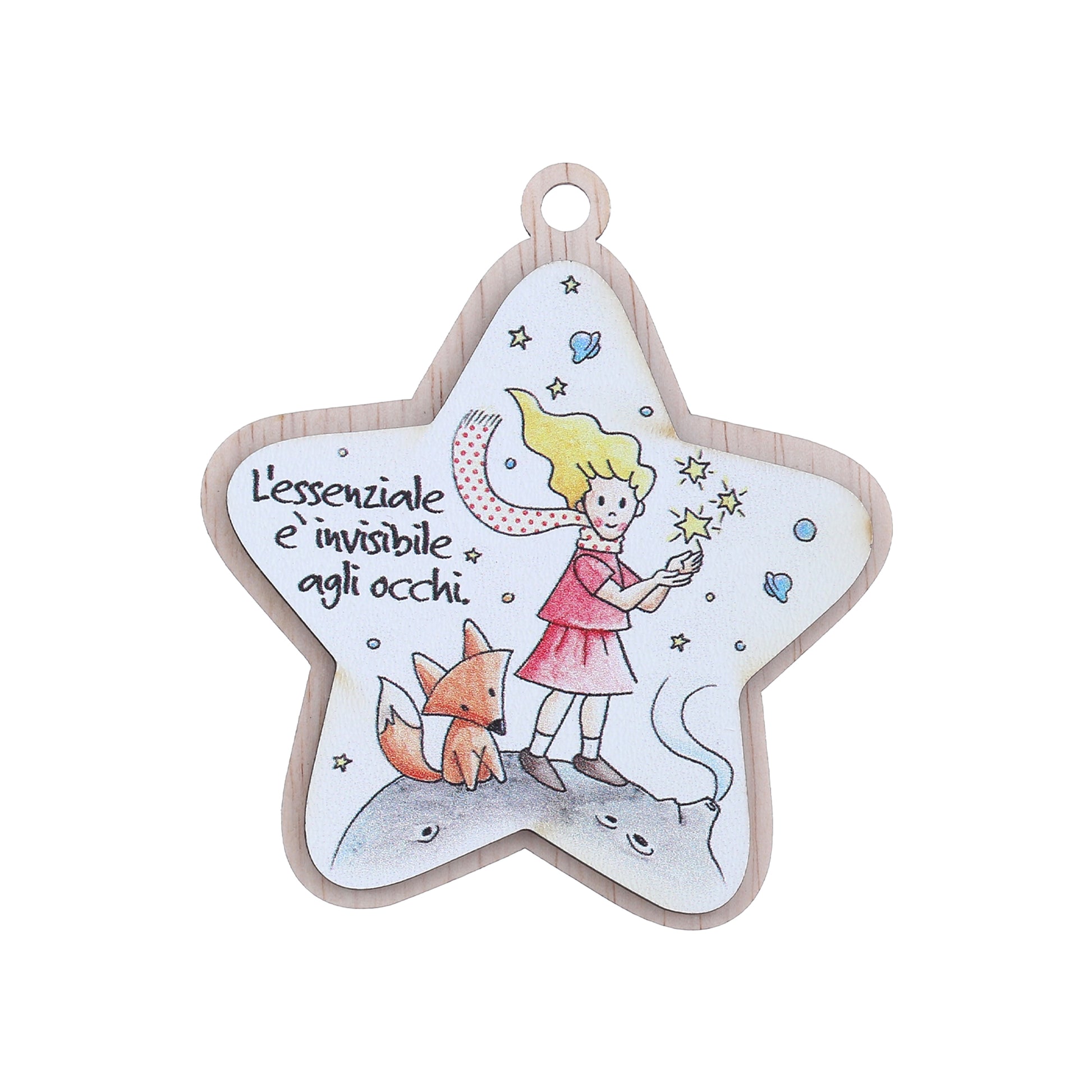 Immagine Piccolo Principe in legno a forma di stella,con magnete e cordoncino. Altezza 9 cm