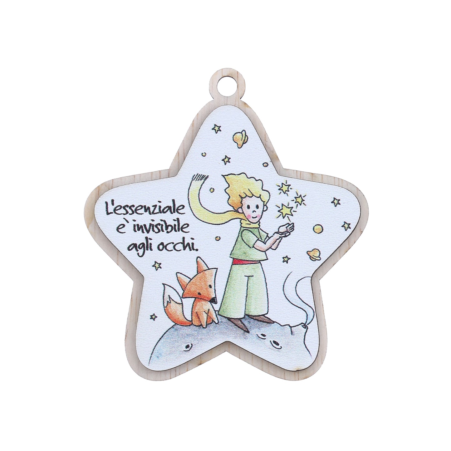 Immagine Piccolo Principe in legno a forma di stella,con magnete e cordoncino. Altezza 9 cm