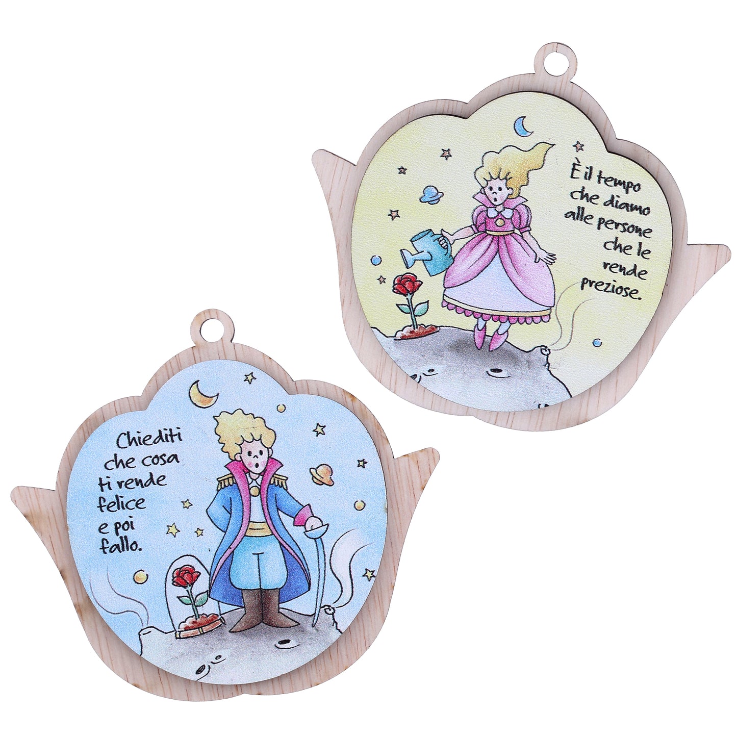 Immagine Piccolo Principe in legno colorato a forma di fiore, con magnete e cordoncino. Altezza 8,5 cm