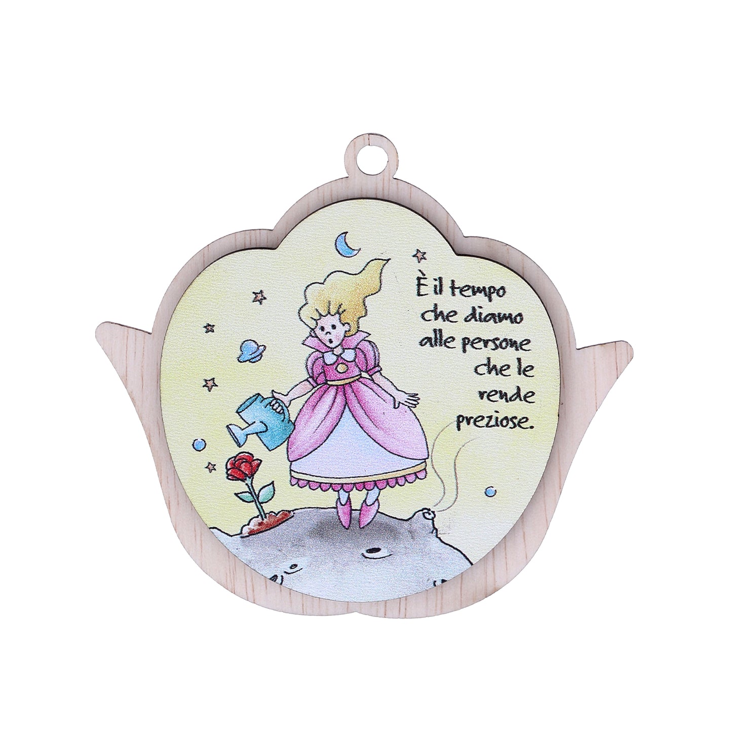 Immagine Piccolo Principe in legno colorato a forma di fiore, con magnete e cordoncino. Altezza 8,5 cm