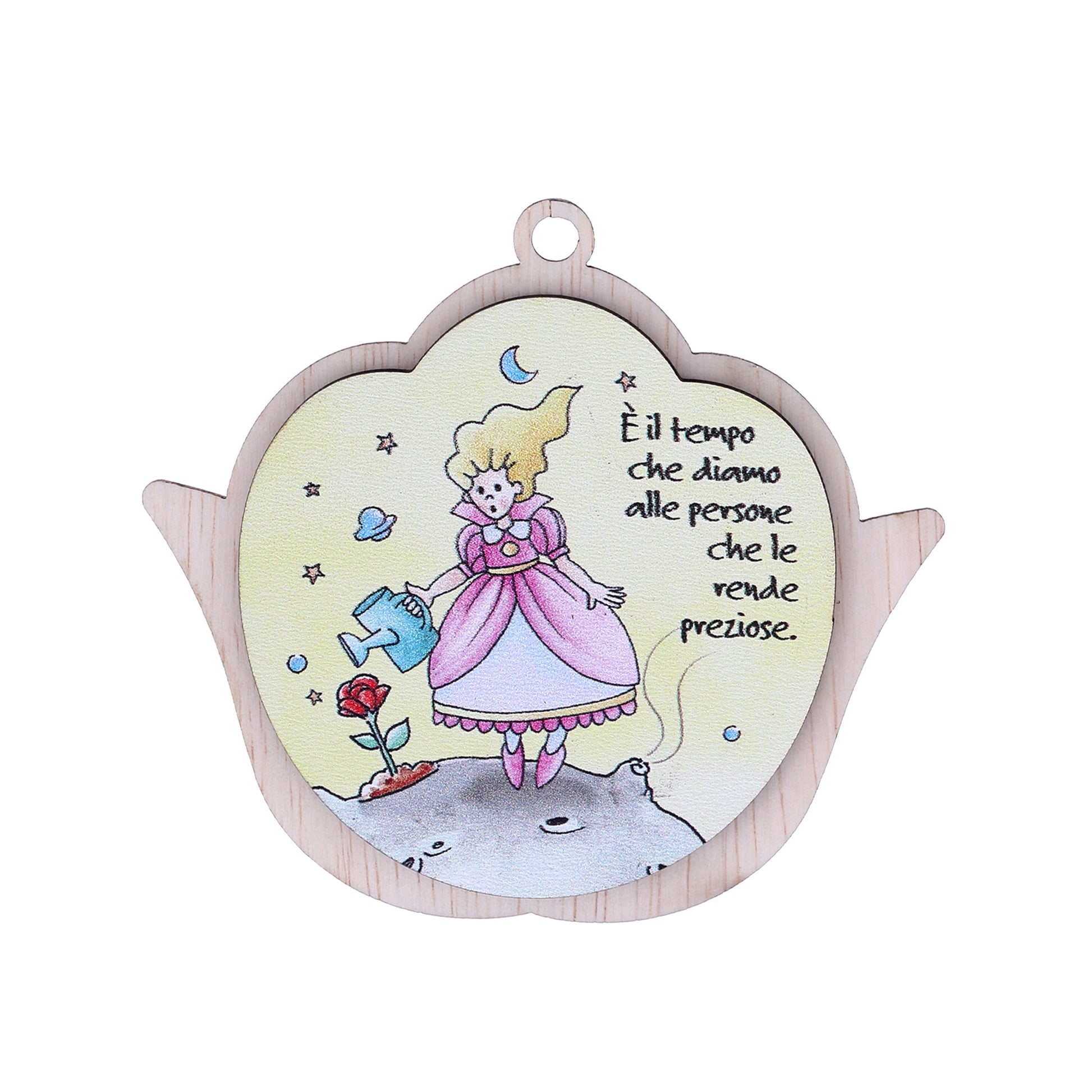 Immagine Piccolo Principe in legno colorato a forma di fiore, con magnete e cordoncino. Altezza 8,5 cm