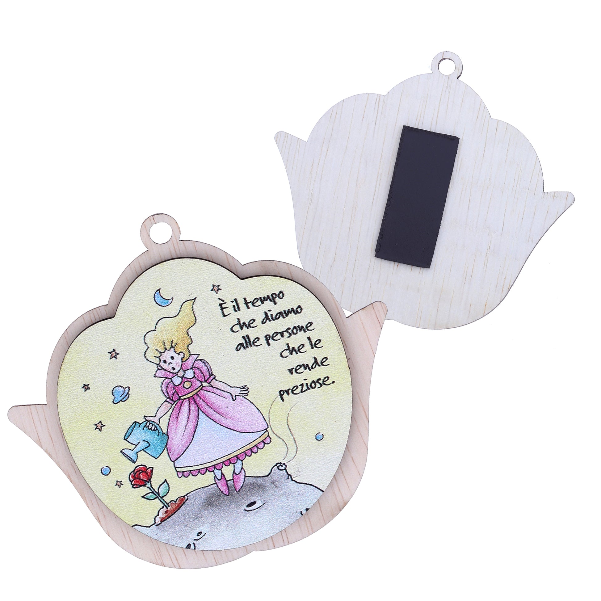 Immagine Piccolo Principe in legno colorato a forma di fiore, con magnete e cordoncino. Altezza 8,5 cm