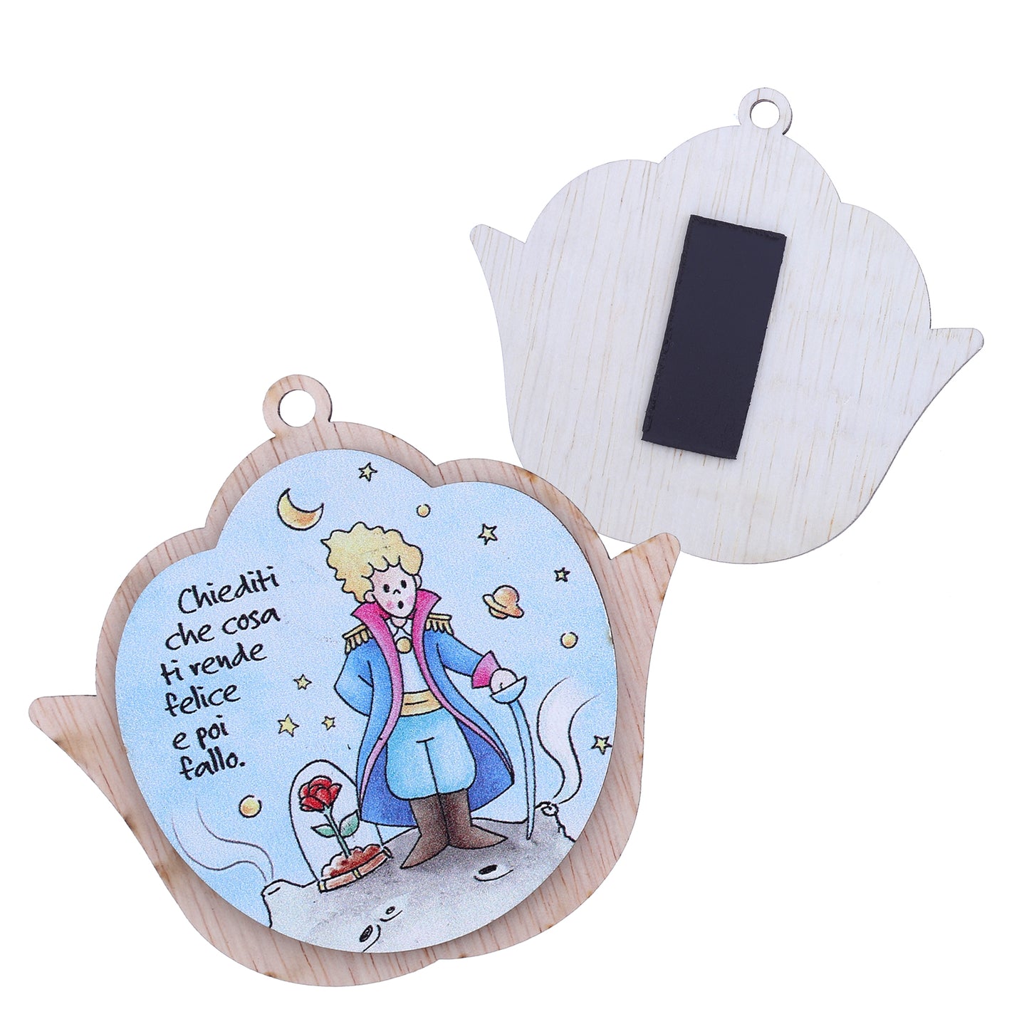 Immagine Piccolo Principe in legno colorato a forma di fiore, con magnete e cordoncino. Altezza 8,5 cm