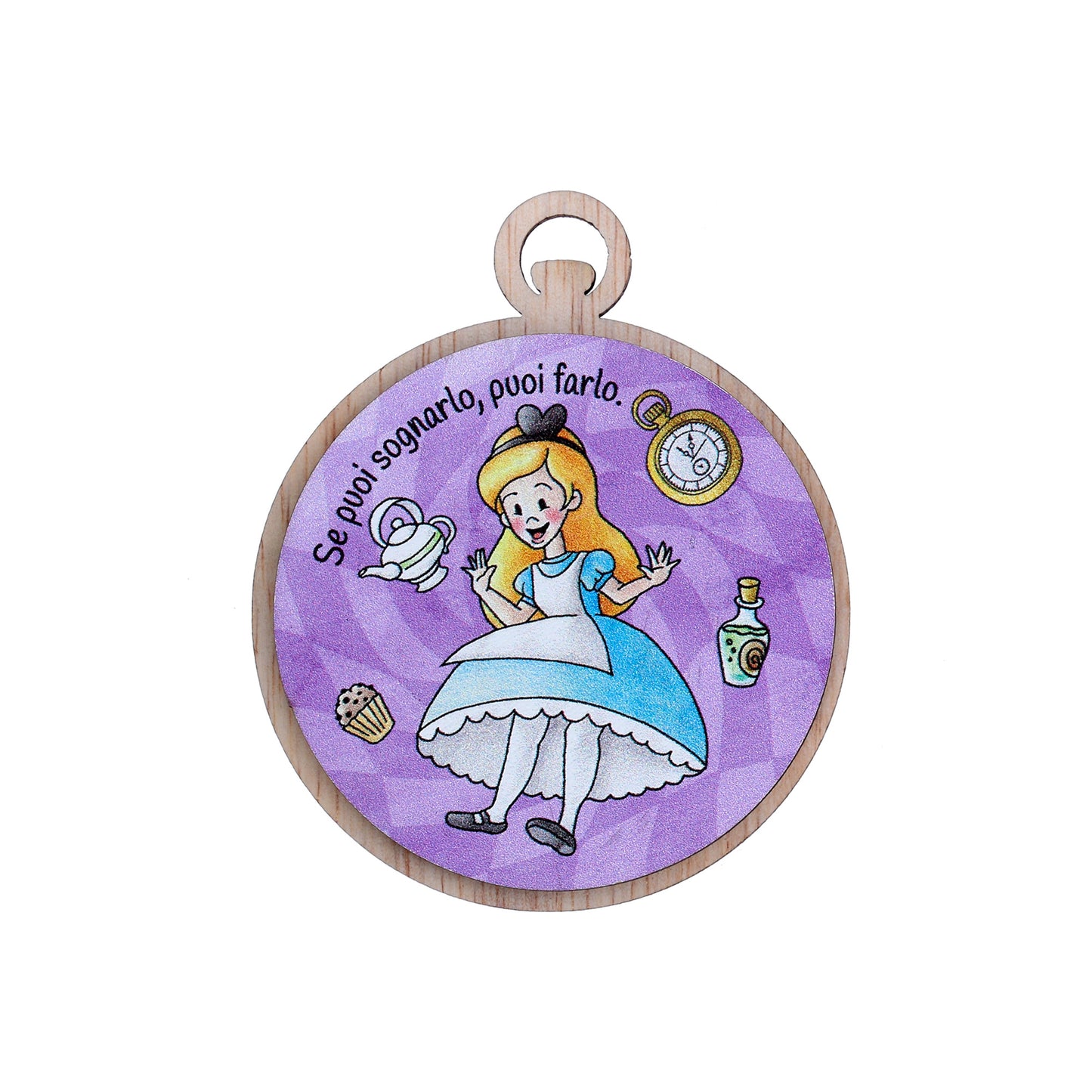 Immagine in legno Alice nel paese delle meraviglie con magnete e cordoncino