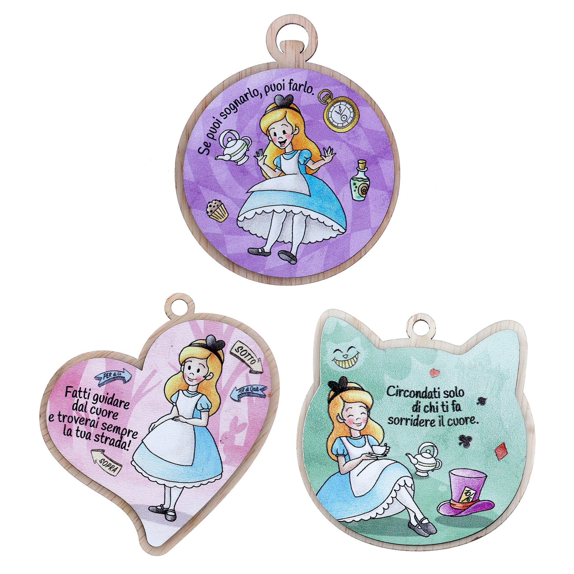 Immagine in legno Alice nel paese delle meraviglie con magnete e cordoncino