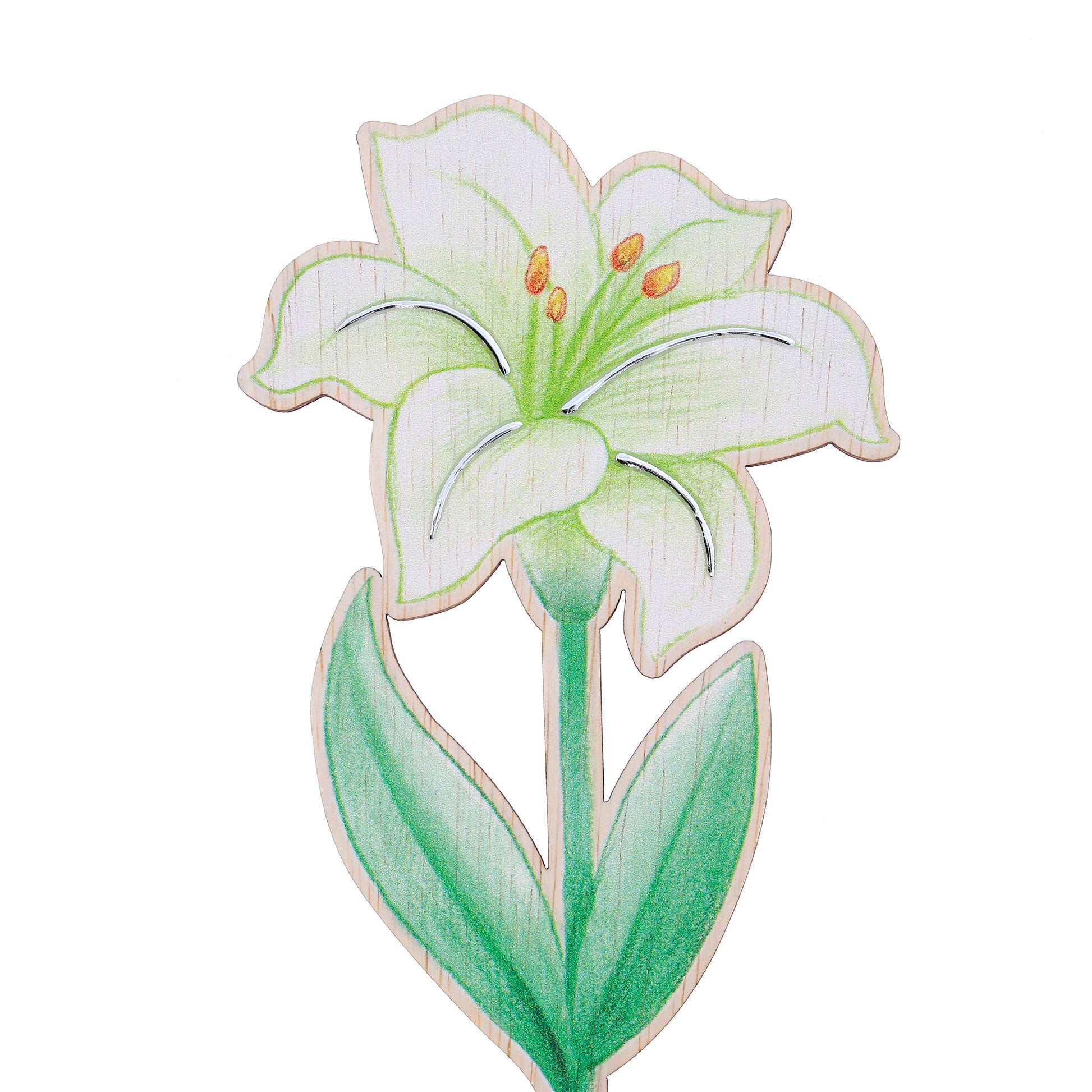 Fiore in legno completo di segnalibro e confezione. Altezza 25,5 cm