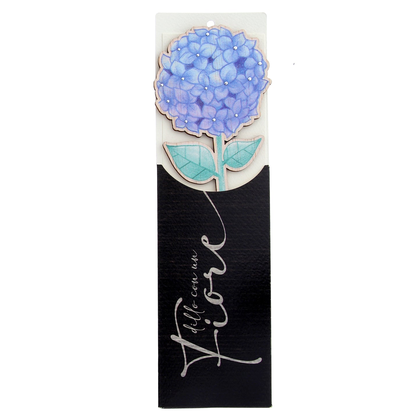 Fiore in legno completo di segnalibro e confezione. Altezza 25,5 cm