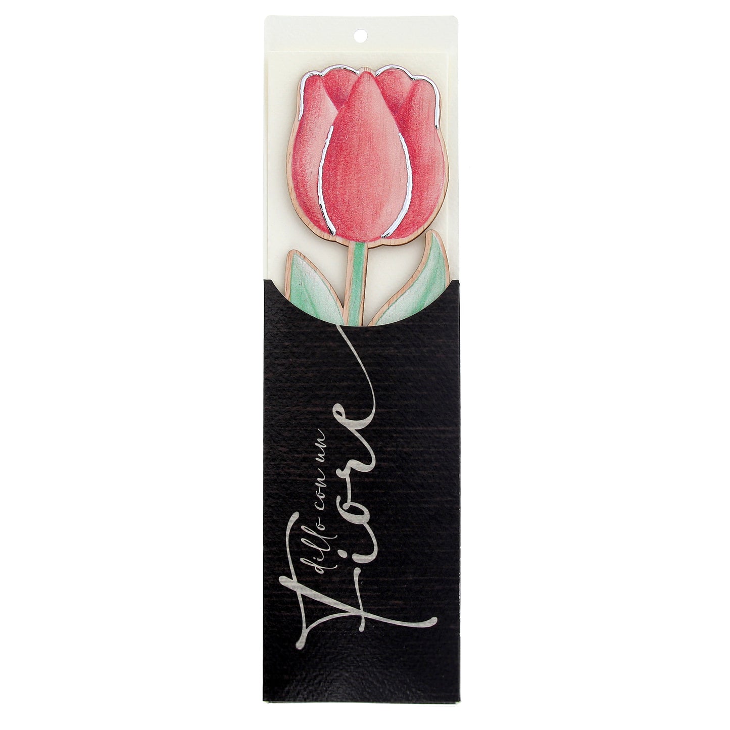 Fiore in legno completo di segnalibro e confezione. Altezza 25,5 cm