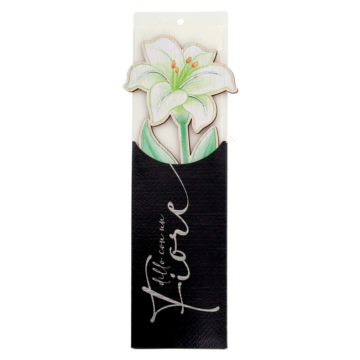 Fiore in legno completo di segnalibro e confezione. Altezza 25,5 cm