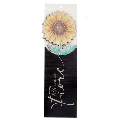 Fiore in legno completo di segnalibro e confezione. Altezza 25,5 cm