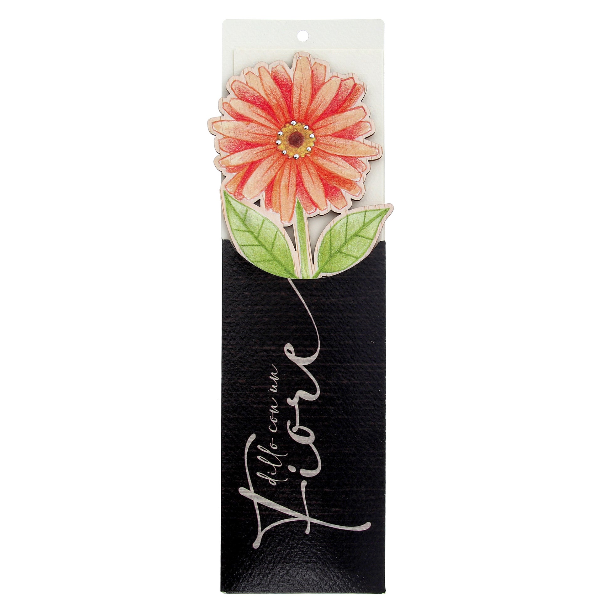 Fiore in legno completo di segnalibro e confezione. Altezza 25,5 cm
