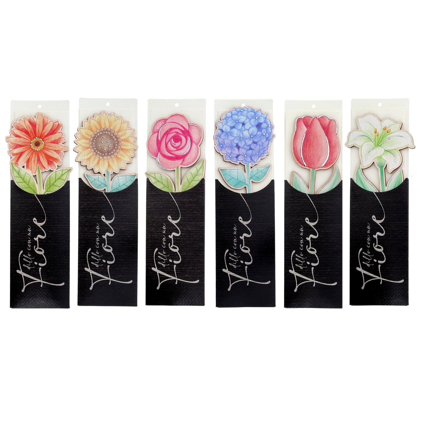 Fiore in legno completo di segnalibro e confezione. Altezza 25,5 cm