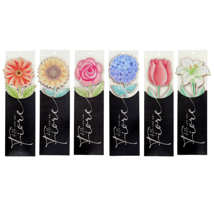 Fiore in legno completo di segnalibro e confezione. Altezza 25,5 cm