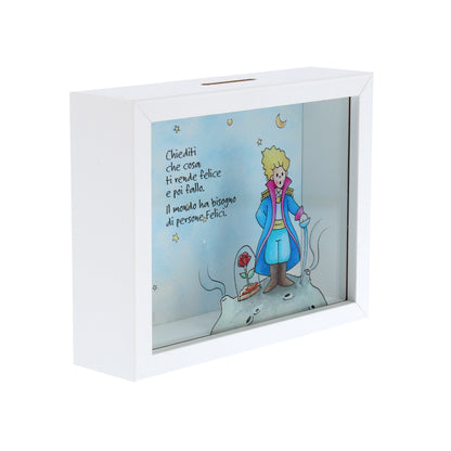 Salvadanaio in legno e plexiglass, Piccolo Principe. Dimensioni 12,5x16 cm