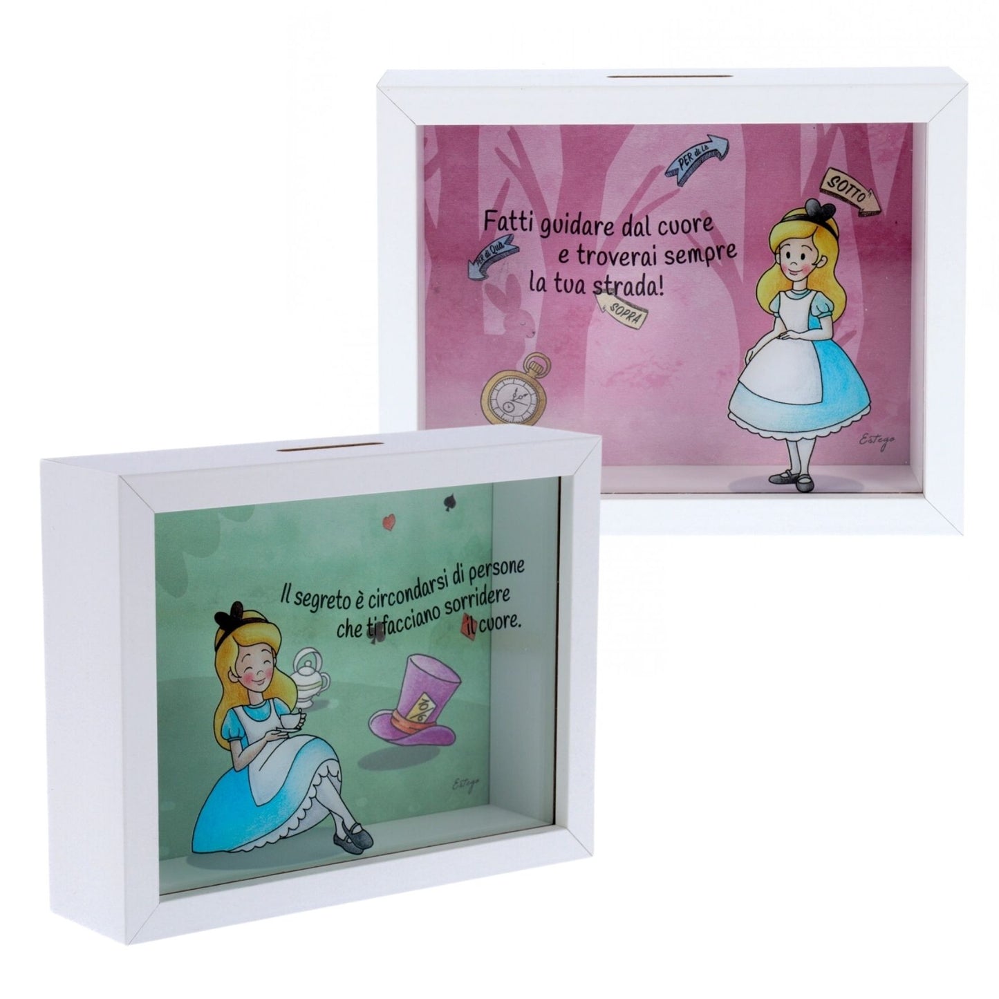 Salvadanaio in legno e plexiglass, Alice nel paese delle meraviglie. Dimensione 12,5x16 cm