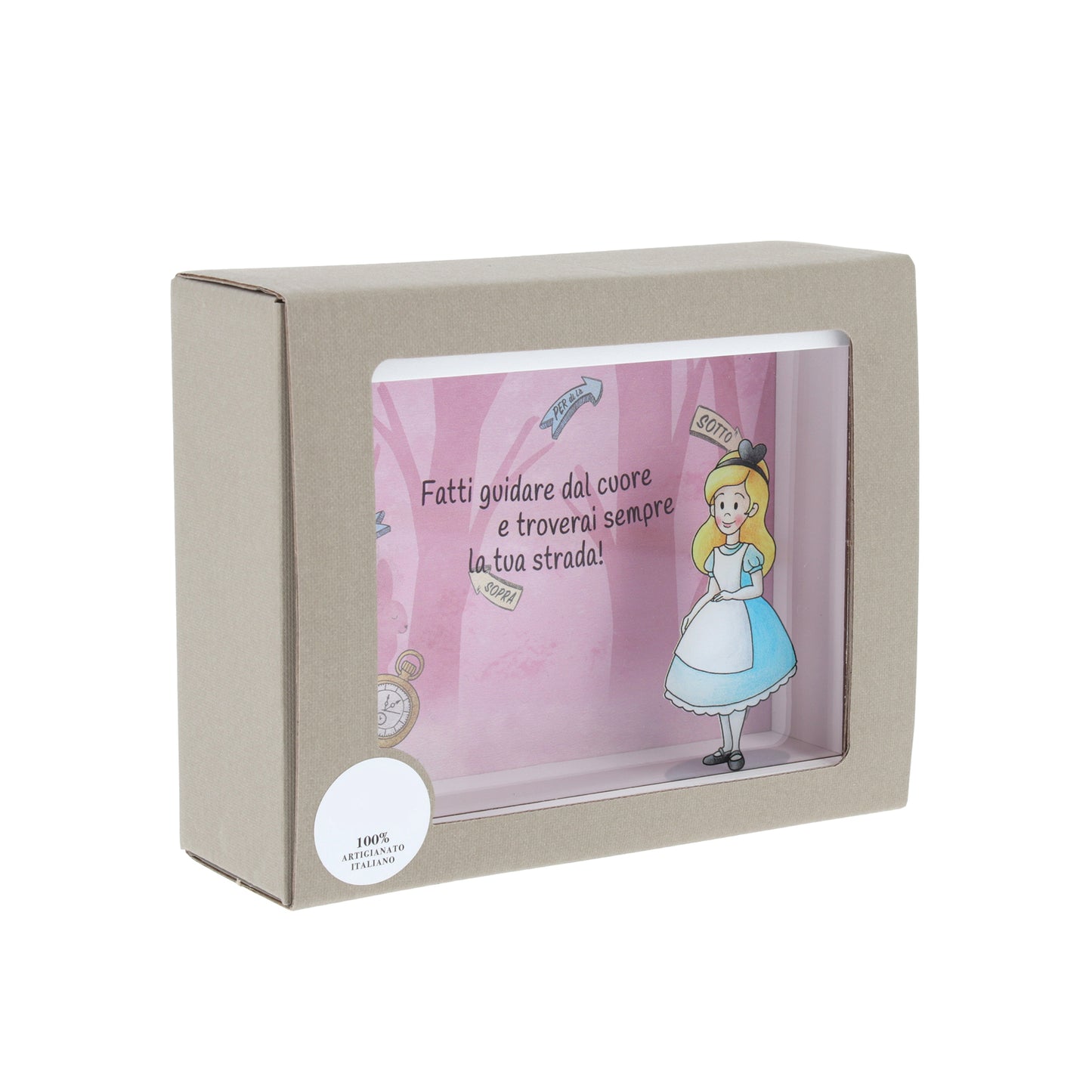 Salvadanaio in legno e plexiglass, Alice nel paese delle meraviglie. Dimensione 12,5x16 cm