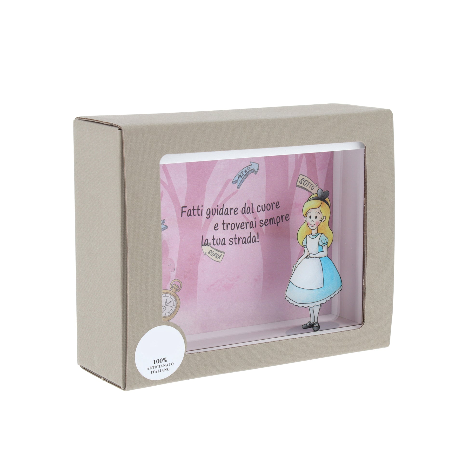 Salvadanaio in legno e plexiglass, Alice nel paese delle meraviglie. Dimensione 12,5x16 cm
