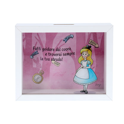 Salvadanaio in legno e plexiglass, Alice nel paese delle meraviglie. Dimensione 12,5x16 cm
