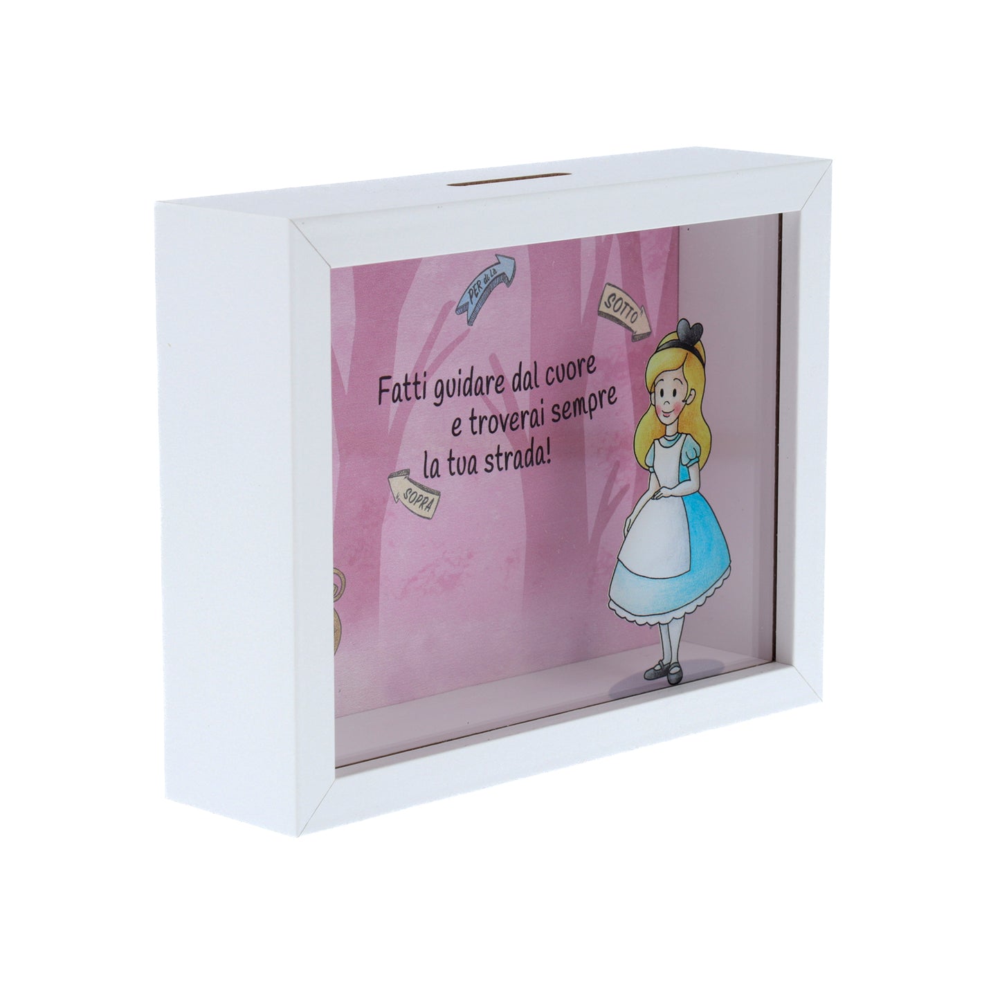 Salvadanaio in legno e plexiglass, Alice nel paese delle meraviglie. Dimensione 12,5x16 cm