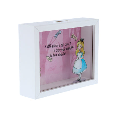 Salvadanaio in legno e plexiglass, Alice nel paese delle meraviglie. Dimensione 12,5x16 cm