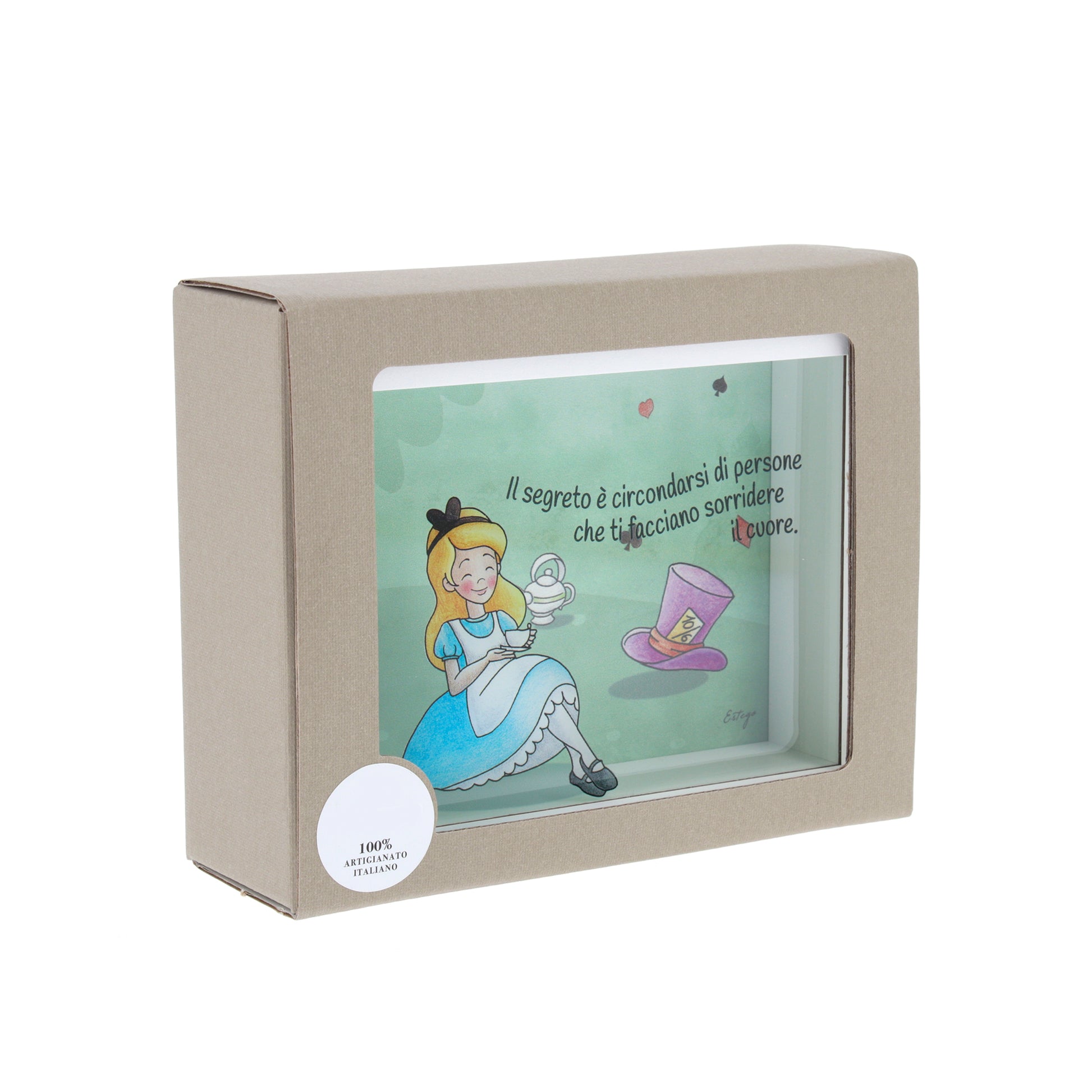 Salvadanaio in legno e plexiglass, Alice nel paese delle meraviglie. Dimensione 12,5x16 cm