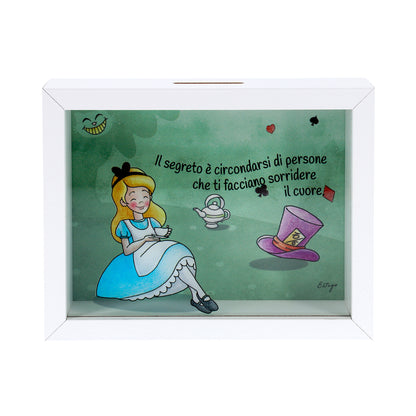 Salvadanaio in legno e plexiglass, Alice nel paese delle meraviglie. Dimensione 12,5x16 cm