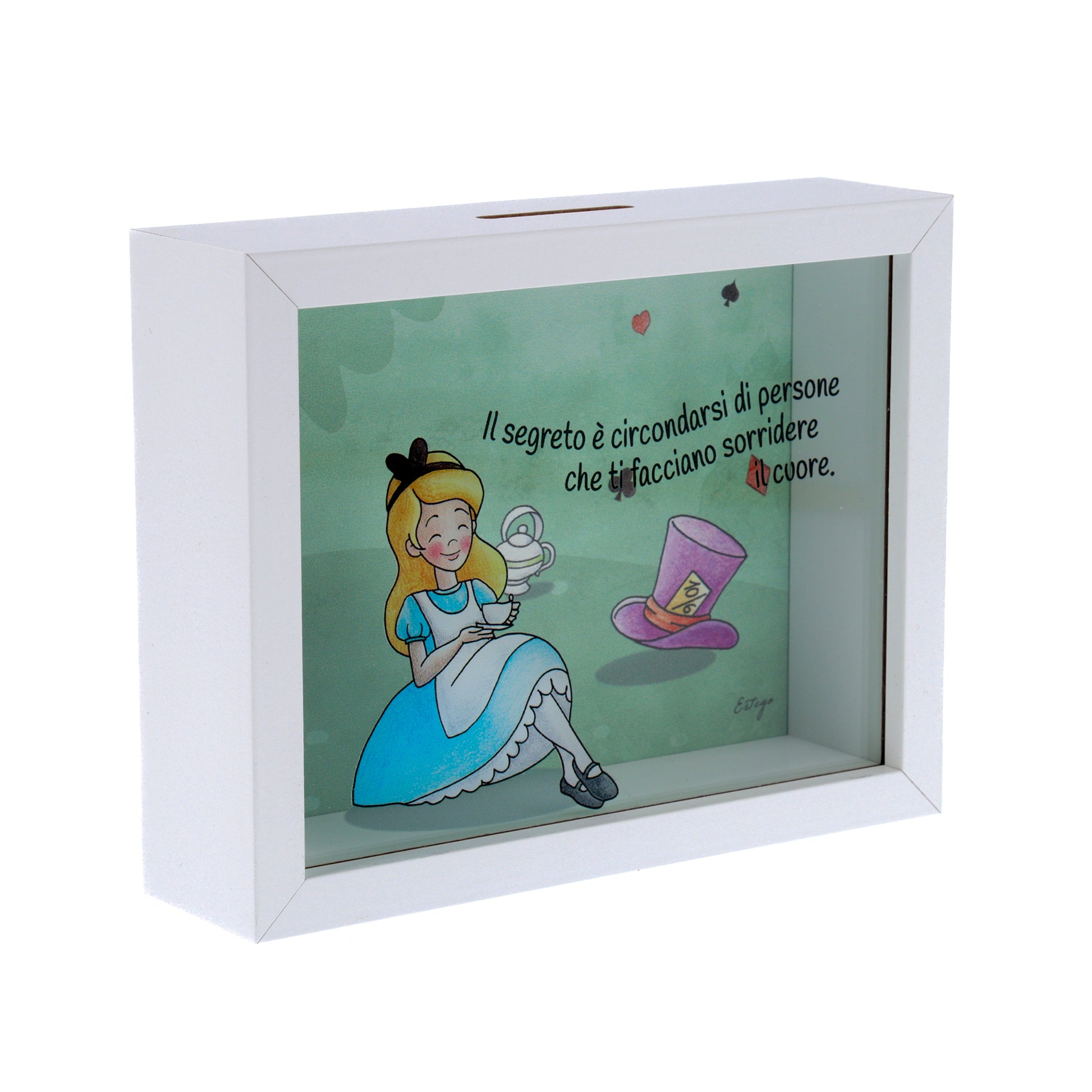 Salvadanaio in legno e plexiglass, Alice nel paese delle meraviglie. Dimensione 12,5x16 cm