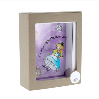 Salvadanaio in legno e plexiglass, Alice nel paese delle meraviglie. Dimensione 12,5x16 cm