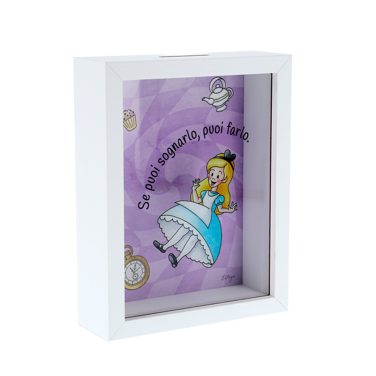 Salvadanaio in legno e plexiglass, Alice nel paese delle meraviglie. Dimensione 12,5x16 cm