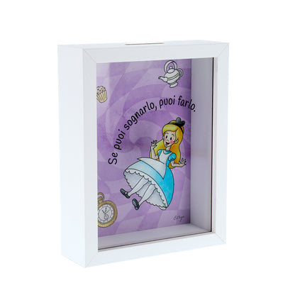 Salvadanaio in legno e plexiglass, Alice nel paese delle meraviglie. Dimensione 12,5x16 cm