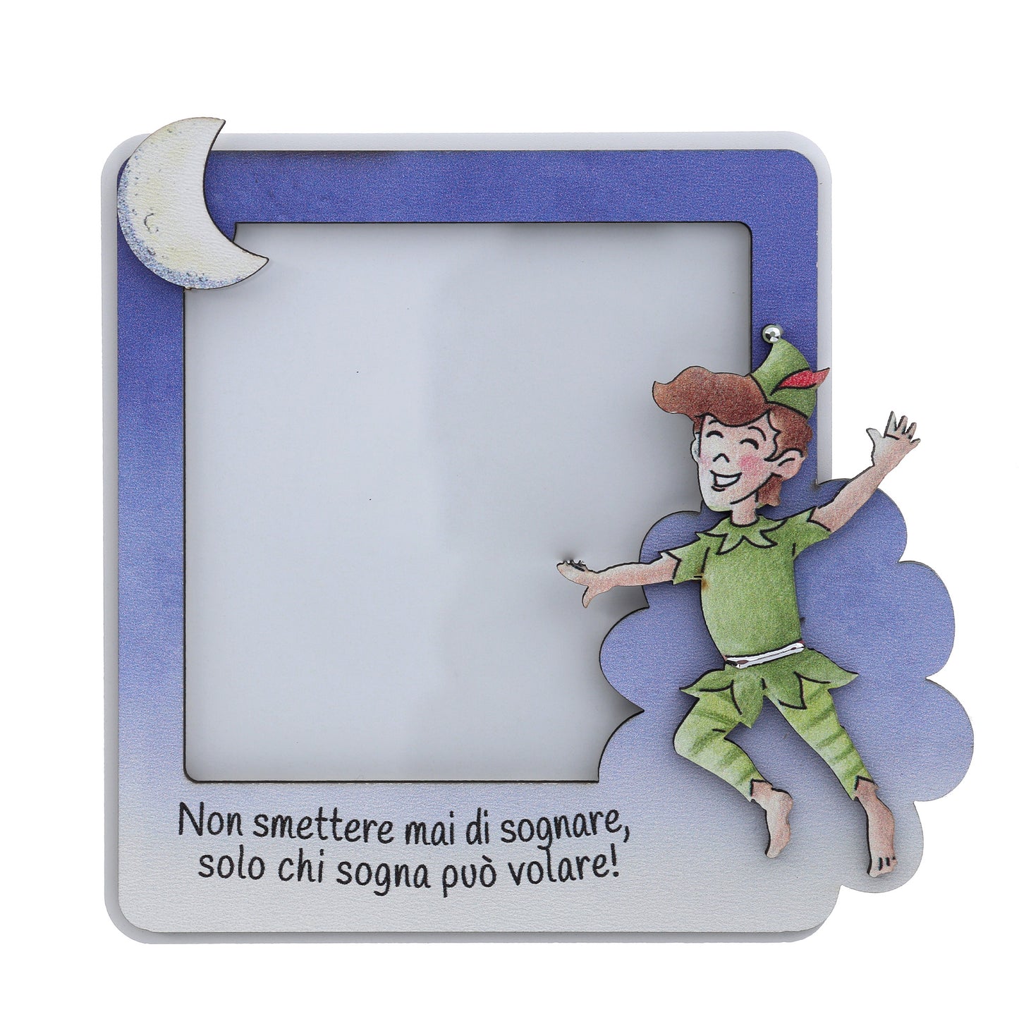 Portafoto in legno Peter Pan con dettagli argentati. Dimensione 12x11,6 cm