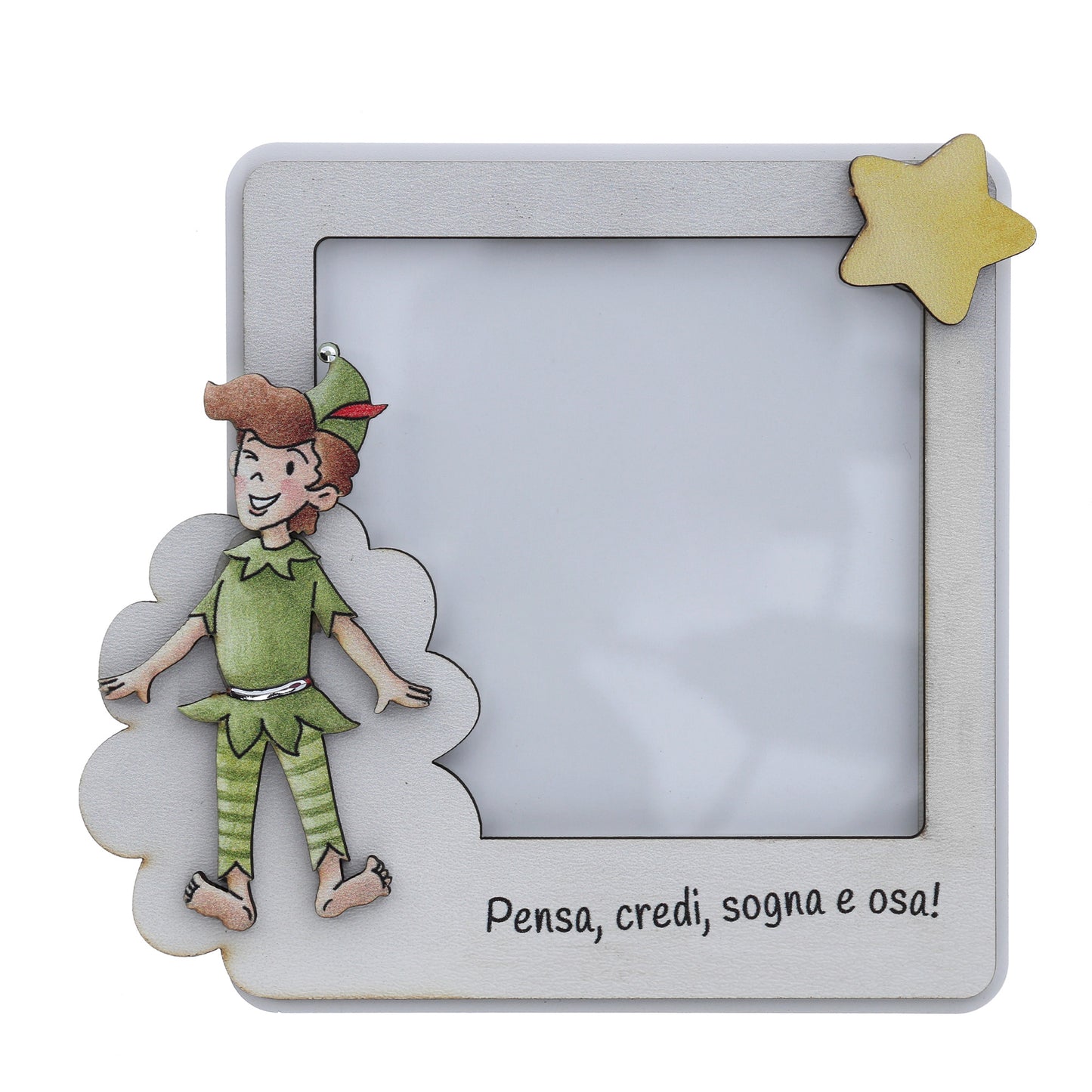 Portafoto in legno Peter Pan con dettagli argentati. Dimensione 12x11,6 cm